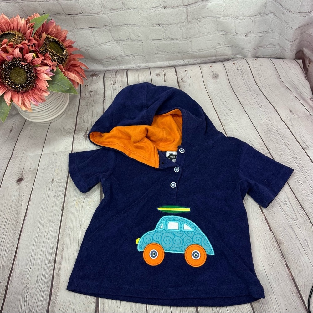 Mud Pie Orange Navy terry cloth short sleeve hooded top boysz sz 3T surfer beach
